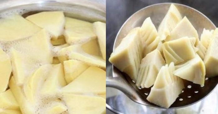 Măng chua đã được cắt khúc và chần sơ qua nước sôi để loại bỏ tạp chất và giữ độ giòn, sẵn sàng cho món ếch xào măng chua.