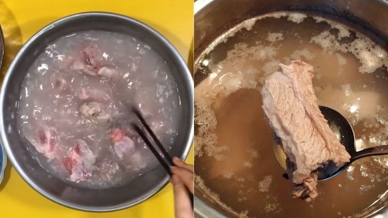 Nồi nước hầm xương heo đang sôi để tạo nước dùng hoành thánh đậm đà