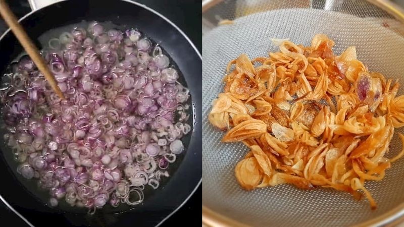 Hành tím đang được phi thơm vàng giòn để tăng hương vị cho món hoành thánh