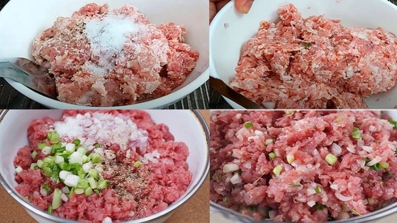 Thịt băm được ướp gia vị đậm đà, chuẩn bị làm nhân hoành thánh