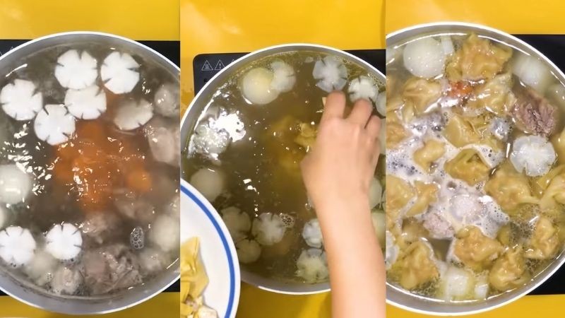 Nồi nước dùng hoành thánh đang sôi nhẹ, có thêm củ cải và cà rốt