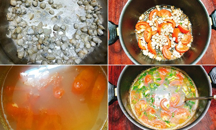 Hình ảnh minh họa cách nấu canh hến cà chua trên bếp, nước dùng đang sôi nhẹ.