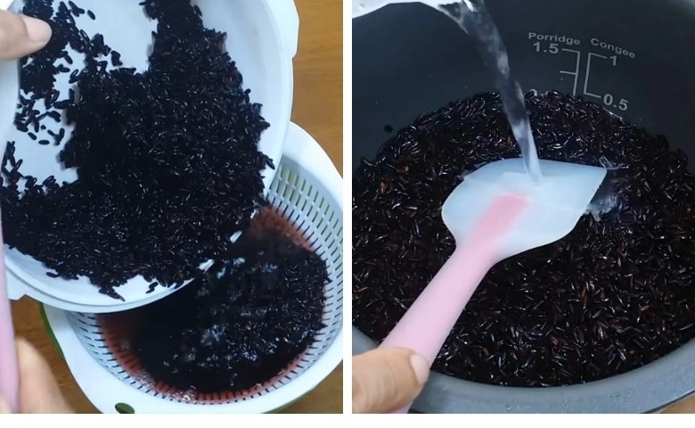 Nấu nếp cẩm bằng nồi cơm điện cho món ăn mềm dẻo, thơm ngon.