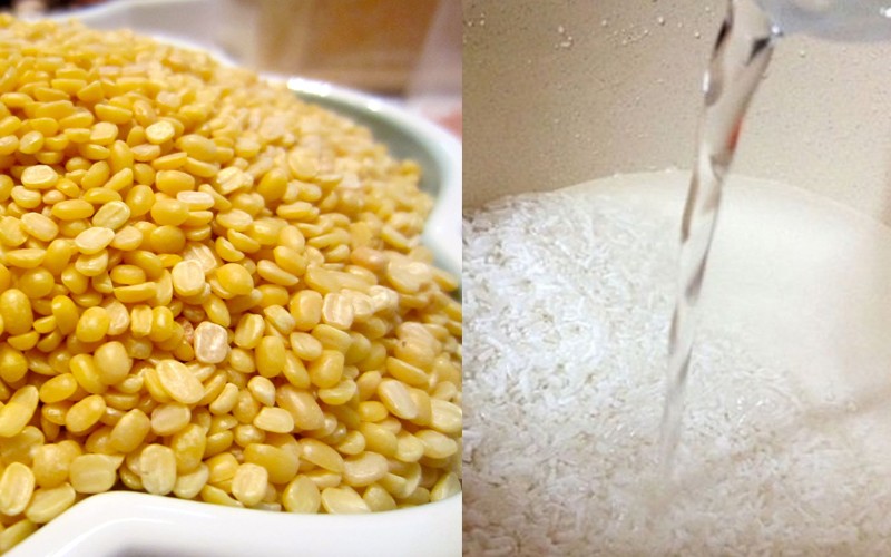 Đậu xanh và gạo nếp được ngâm kỹ lưỡng để chuẩn bị nấu xôi chè