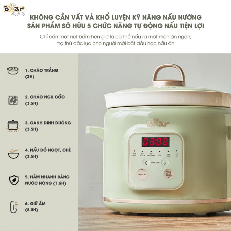 Nồi nấu chậm Bear SB-NNC20 dung tích 2L màu xanh trang nhã, hỗ trợ cách kho thịt bằng nồi nấu chậm hiệu quả