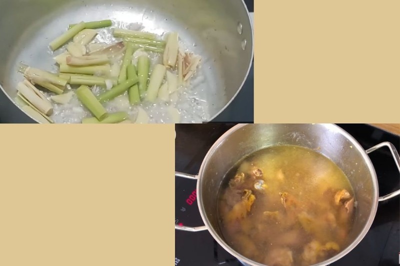 Xào thơm gia vị sau đó cho nước dùng đã ninh vào nồi lẩu gà