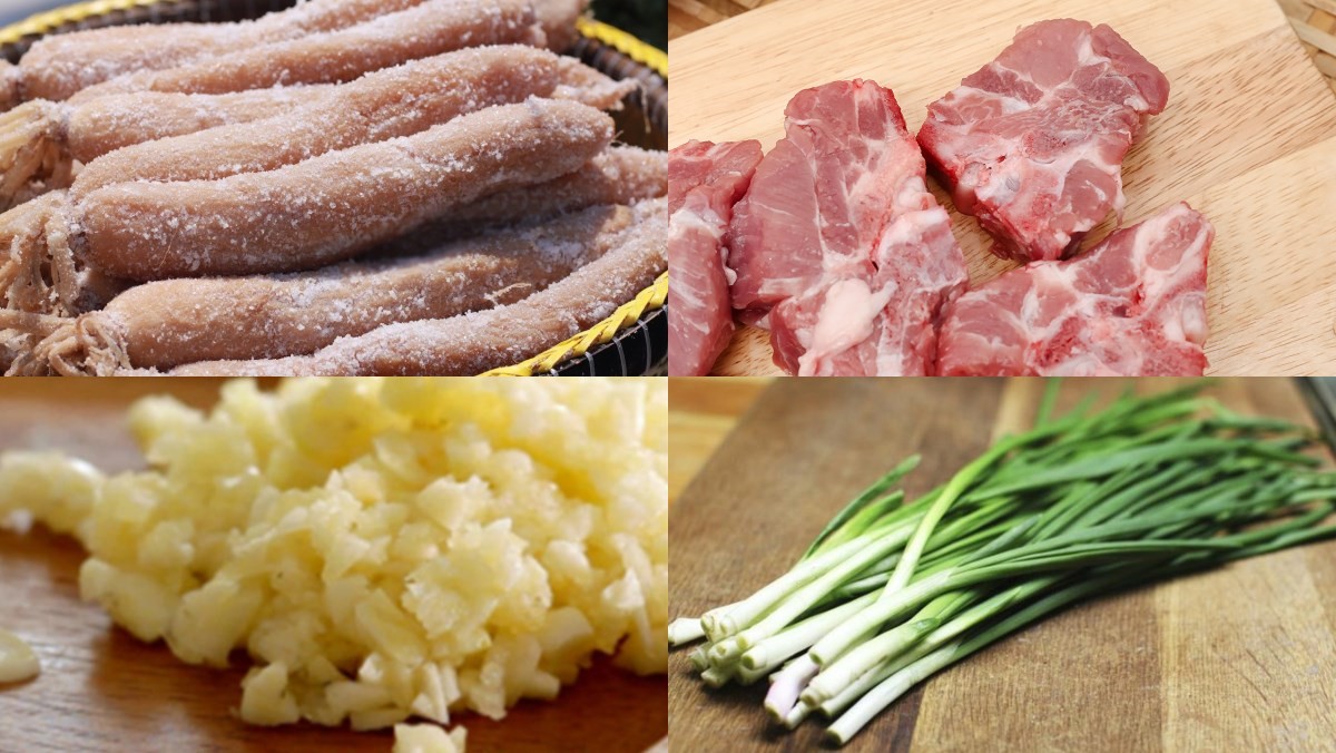 Toàn bộ nguyên liệu cần thiết để nấu món canh củ cải muối (xá bấu) chuẩn vị, bao gồm xương heo, củ cải muối và gia vị