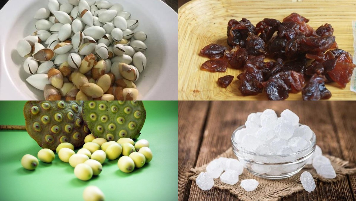 Các nguyên liệu chuẩn bị cách nấu chè bạch quả hạt sen nhãn nhục.
