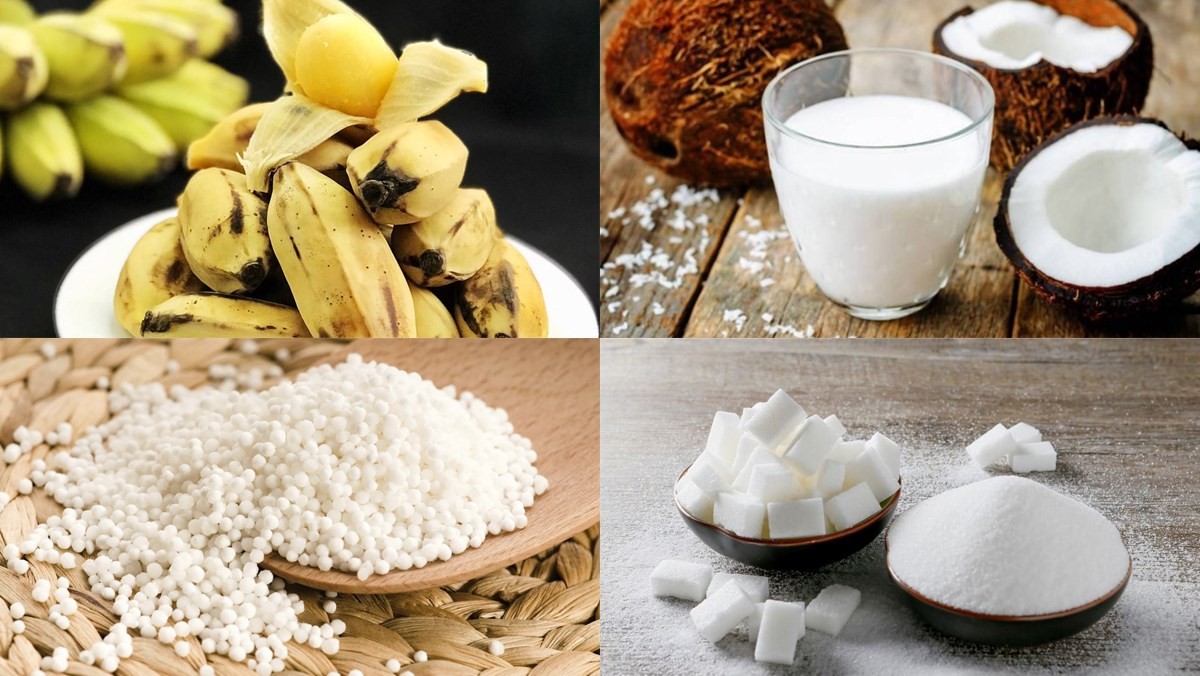 Toàn bộ nguyên liệu cần thiết để thực hiện cách nấu chè chuối sáp truyền thống