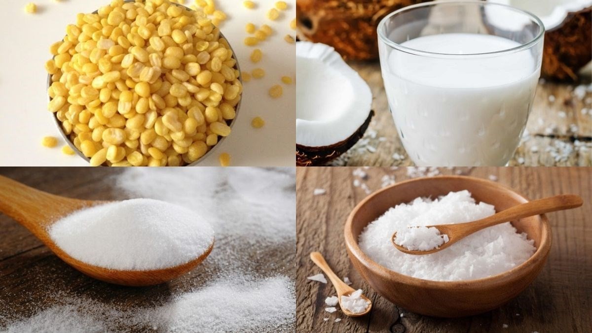 Bộ nguyên liệu cơ bản để chuẩn bị cách nấu chè đậu xanh cúng: đậu xanh cà vỏ, đường, nước cốt dừa và muối