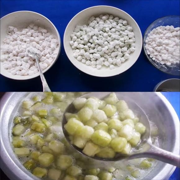 Các viên khoai môn, bí đỏ và dừa đã được áo bột năng và luộc chín trong nước sôi, sau đó vớt ra để ráo
