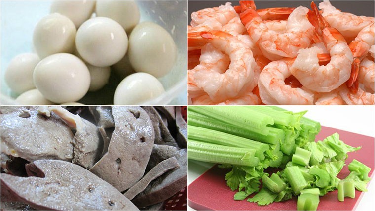 Các nguyên liệu tôm, thịt, trứng đã sơ chế sẵn sàng cho món hủ tiếu miền Tây