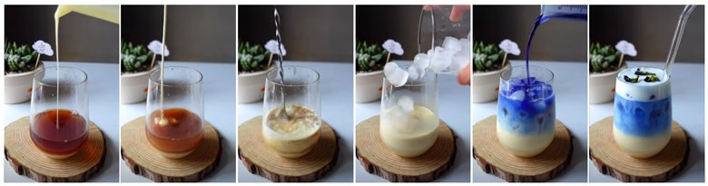 Pha trộn các nguyên liệu theo cách nấu trà sữa hoa đậu biếc chuẩn vị