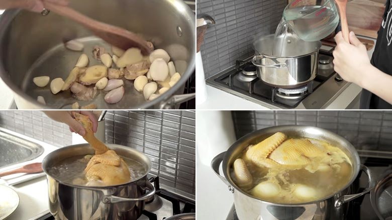 Gà đang được luộc trong nồi nước dùng thơm lừng, bí quyết làm cơm gà Tam Kỳ chuẩn vị