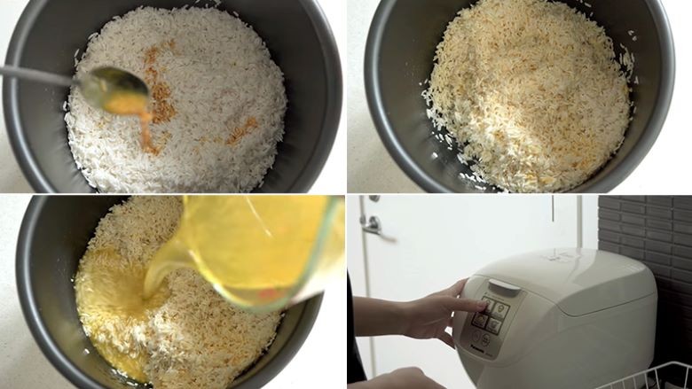Nồi cơm điện đang nấu gạo vàng ươm với nước luộc gà, tạo nên món cơm gà Tam Kỳ đặc trưng