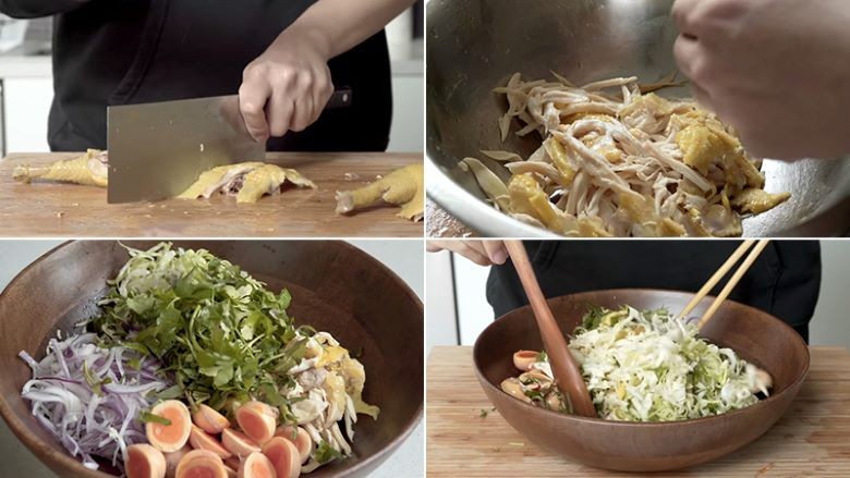 Món gỏi gà Tam Kỳ với thịt gà xé phay, hành tây và rau thơm được trộn đều