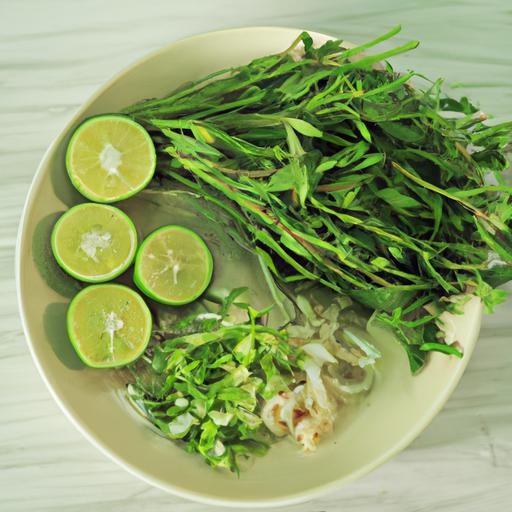 Đĩa rau thơm tươi, chanh và ớt hiểm ăn kèm món cháo tiết heo