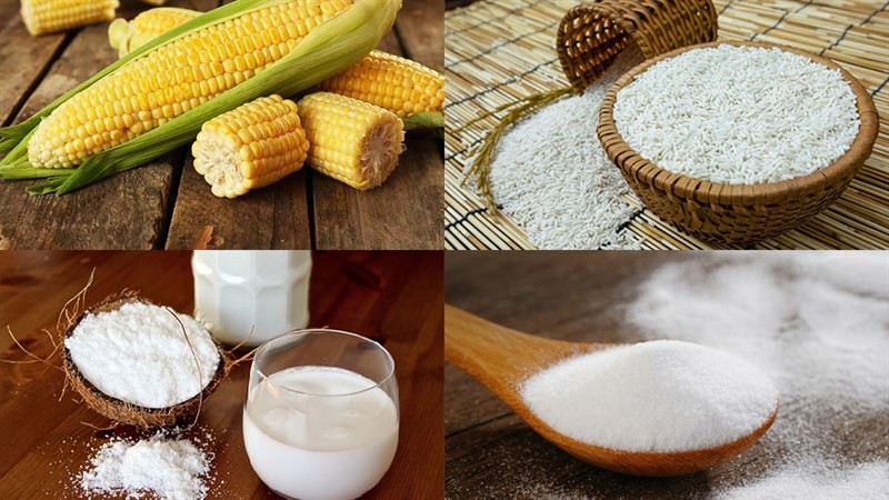 Nguyên liệu cần thiết để nấu món chè bắp dẻo với nếp, bao gồm bắp, gạo nếp, nước cốt dừa và nước cốt lá dứa.