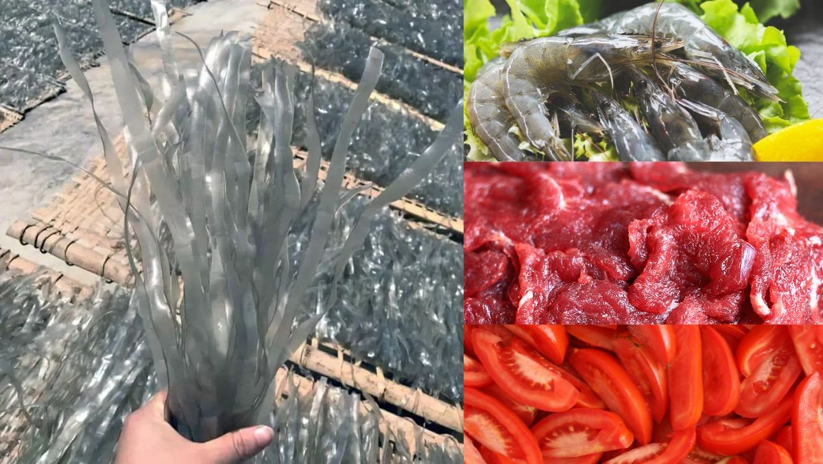 Nguyên liệu tươi ngon để nấu miến với thịt bò và tôm