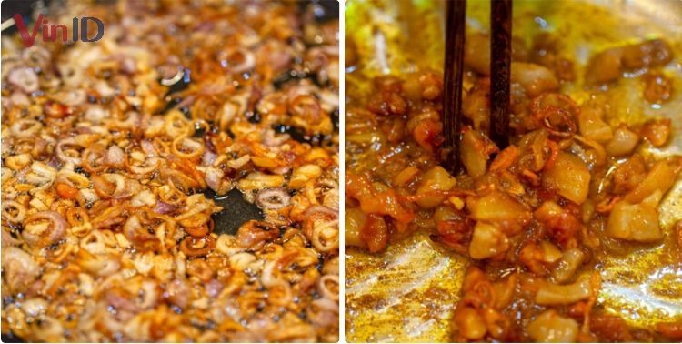 Phi hành tím thơm lừng để tạo topping giòn cho món bánh đa cua rau muống