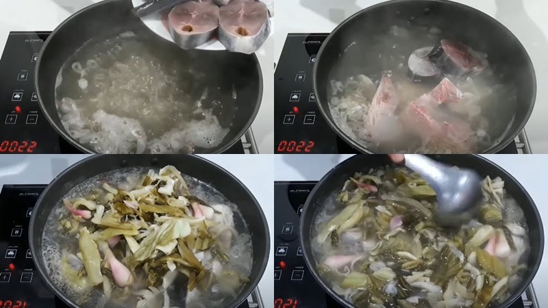 Thêm cá ngừ và cải chua vào nồi canh để món canh chua thêm hấp dẫn