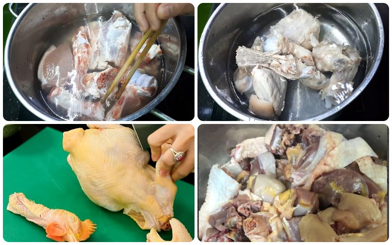Sơ chế gà và luộc xương heo chuẩn bị cho món lẩu gà rượu nếp