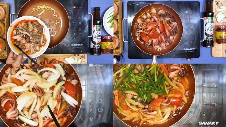 Tiến hành xào bạch tuộc sa tế trên lửa lớn để giữ độ giòn