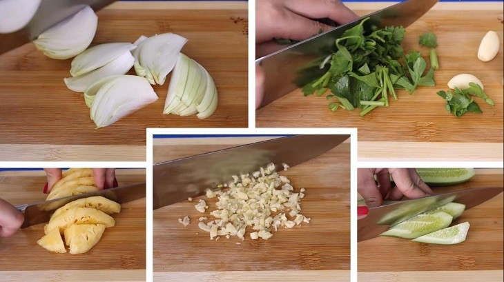 Sơ chế các loại rau củ tươi xanh cho món bạch tuộc xào chua ngọt