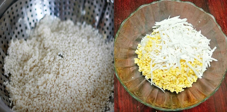 Hỗn hợp gạo nếp, đậu xanh và dừa nạo đã được trộn đều, sẵn sàng cho công đoạn hấp xôi thơm ngon.