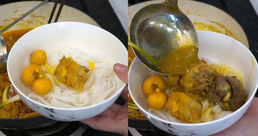 Hoàn thành tô mì quảng gà với sợi mì, thịt gà và nước lèo nóng hổi