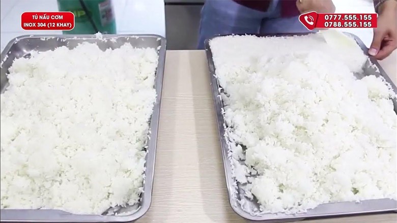 Mô tả: Khay cơm trắng dẻo thơm ngon sau khi được nấu chín bằng tủ công nghiệp, sẵn sàng phục vụ.