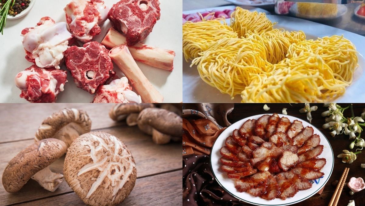 Nguyên liệu chuẩn bị cho món mì trường thọ bao gồm xương heo, rau củ, mì vắt và các loại gia vị