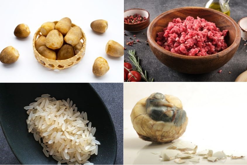 Nguyên liệu chuẩn bị món cháo trứng vịt lộn thịt băm nấm rơm cho bé