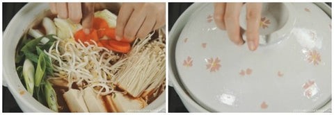 Nồi lẩu kim chi Hàn Quốc đang được hoàn thiện với rau và nấm tươi ngon