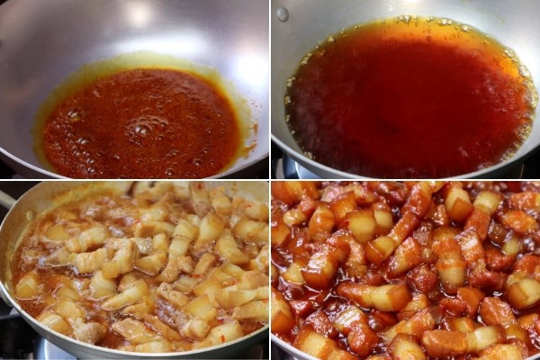 Quy trình kho thịt ba chỉ với nước dừa và nước màu cho món thịt kho tiêu