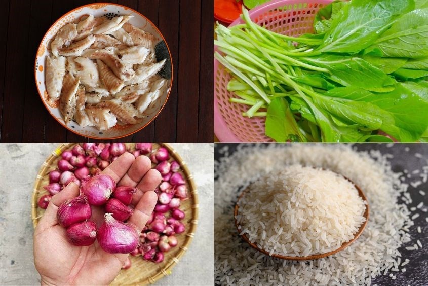 Nguyên liệu chuẩn bị cho món cháo cá rô đồng nấu rau cải ngọt bổ dưỡng