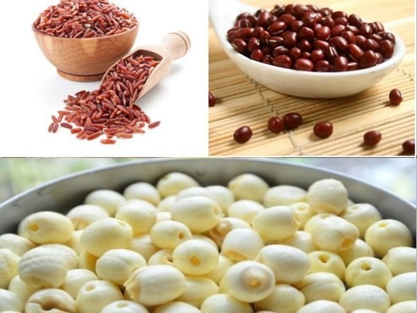 Các nguyên liệu cần thiết để nấu cơm gạo lứt đậu đỏ hạt sen.