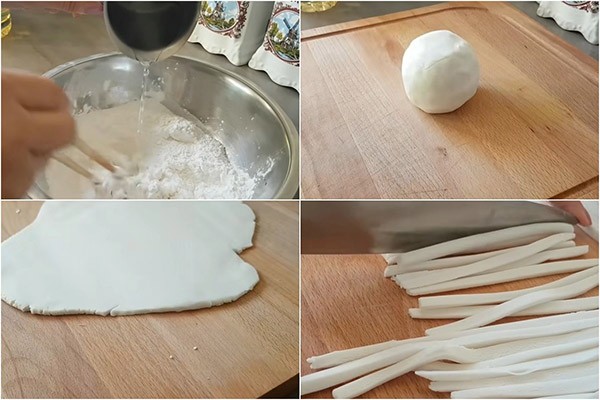 Nhồi, cán và cắt sợi bánh canh cá lóc rau đắng