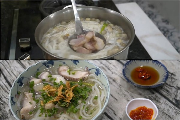 Nhúng cá và múc bánh canh ra thưởng thức