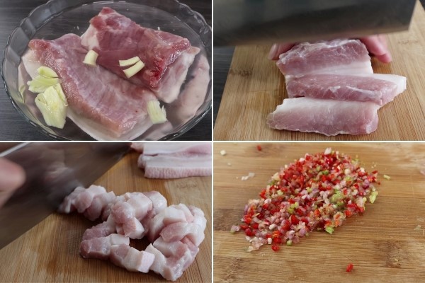 Thịt ba chỉ được sơ chế kỹ lưỡng để chuẩn bị cho món thịt kho tiêu