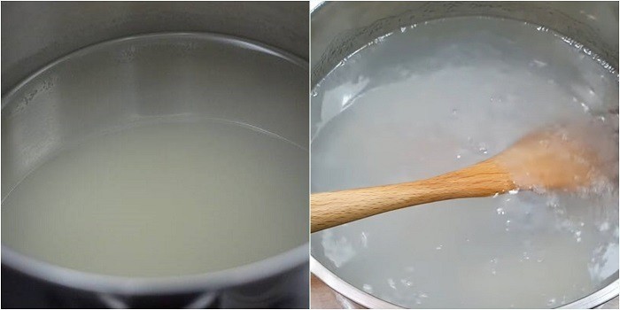 Chuẩn bị hỗn hợp bột rau câu và đường, bước đầu tiên để có món thạch dừa hoa quả