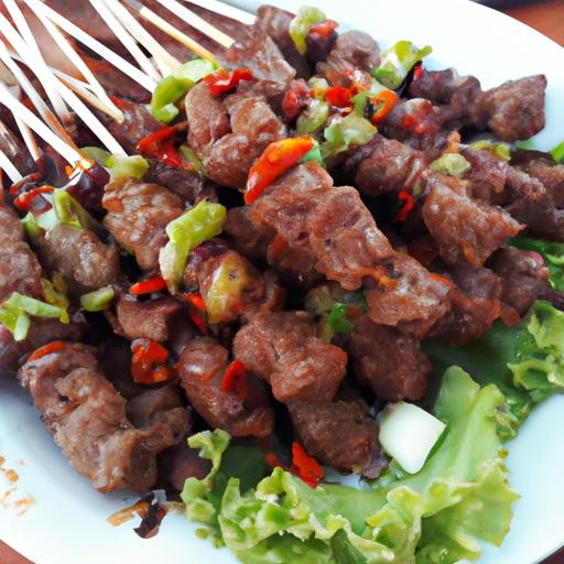 Đĩa xiên thịt chó nướng với xả và sốt ớt
