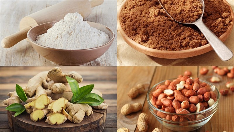Toàn bộ nguyên liệu tươi ngon chuẩn bị làm chè trôi nước nhân đậu phộng, bao gồm đậu phộng đã bóc vỏ, bột nếp, gừng tươi và lá dứa.