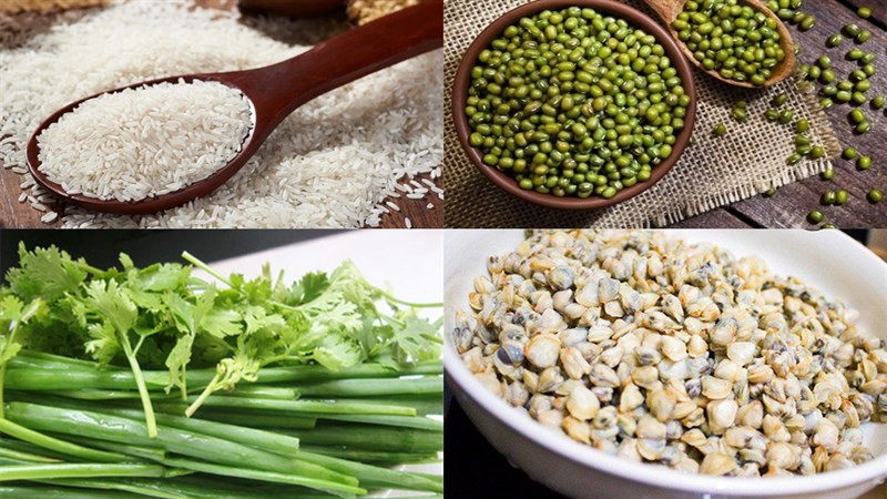 Nguyên liệu cho món cháo hến đậu xanh, bao gồm hến đã tách thịt, gạo, đậu xanh, các loại rau thơm và gia vị.