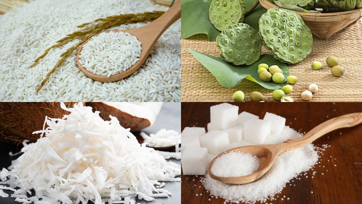 Các nguyên liệu cần thiết để thực hiện cách nấu xôi hạt sen, bao gồm gạo nếp, hạt sen và dừa nạo