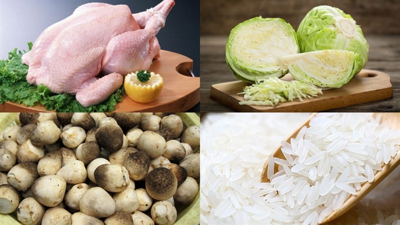 Nguyên liệu chuẩn bị nấu cháo gà nấm rơm: gà, nấm, bắp cải, gia vị