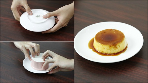 Úp bánh ra đĩa và thưởng thức kèm với cà phê, nước cốt dừa - cách làm kem flan ngon