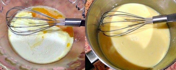 Đánh trứng với sữa để làm nhân bánh - cach lam banh trung