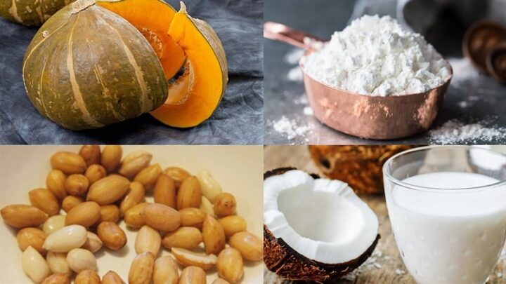 Nguyên liệu chính cho món chè bí đỏ đậu phộng gồm bí đỏ tươi, đậu phộng đã luộc chín, nước cốt dừa, bột năng, đường cát và mè rang