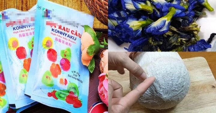 Các nguyên liệu cơ bản cho cách nấu thạch rau câu dẻo cốt dừa nhiều màu, bao gồm bột rau câu, dừa tươi, nước cốt dừa và đường phèn.